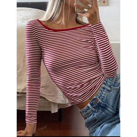 Striped long sleeve tee low scoop back white pink - Picture 4 of 6
